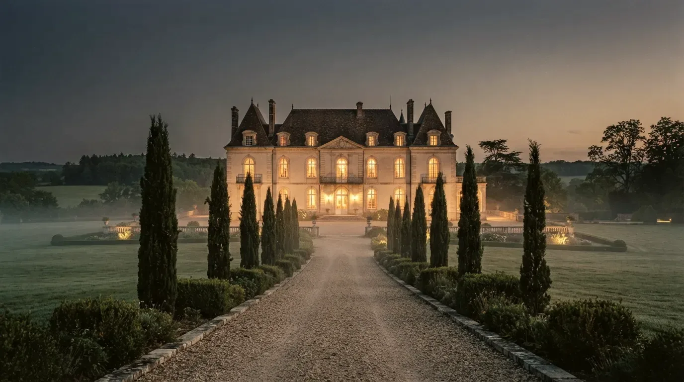 Marémont at dusk, seen from the end of its cypress-lined drive